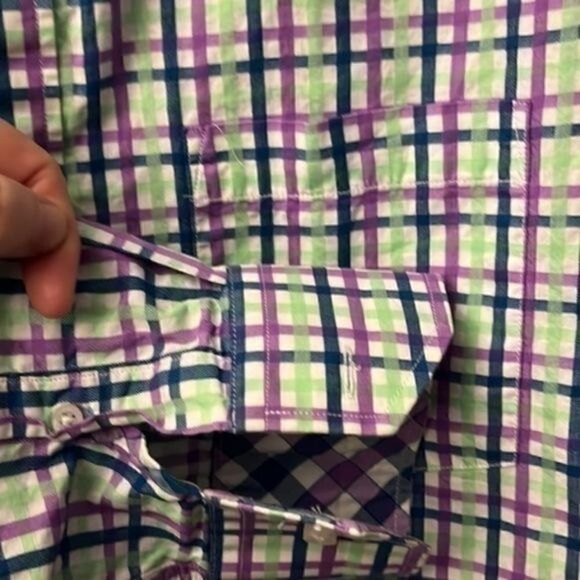 Tailorbyrd Shirt. Green and Purple plaid button down.  Size Medium. - Picture 3 of 4